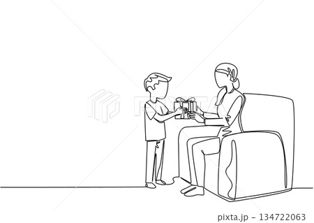 Boy gives a present to his mother in continuous line drawing, celebrating National Random Acts of Light Day theme with a family concept, show kindness, gratitude, and support between son and his mom. 134722063