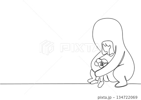 Sitting girl comforted by a large protective figure in continuous line draw. National Posttraumatic Growth Day with mental health concept. Conveying empathy, resilience, healing, and nurturing support 134722069