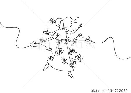 Single line drawing of a woman dancing with butterflies and flying flower blossoms, a wellness concept of international event National Dance Movement Therapy Advocacy Day. Express mindfulness 134722072