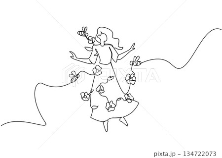 Woman dancing with bees and flower blossoms in single line draw, marking National Dance Movement Therapy Advocacy Day with a nature concept, symbolizing harmony, resilience, joy, and somatic healing 134722073