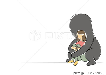 One line drawing of depressed woman huddled with protective big shadow figure behind, symbolize solace through support for a mental health concept. Healing related to National Posttraumatic Growth Day One line drawing of depressed woman huddled with protective big shadow figure behind, symbolize solace through support for a mental health concept. Healing related to National Posttraumatic Growth Day 134722080