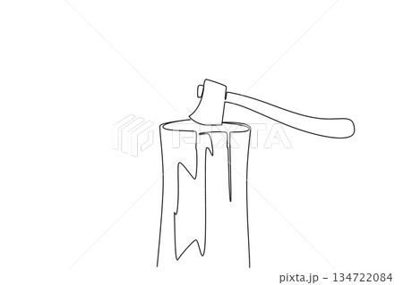 A one line drawing of a hatchet embedded in a wooden tree stump block, ready for chopping. This international event concept is a rustic symbol for International Axe Throwing Day. Recreational event 134722084