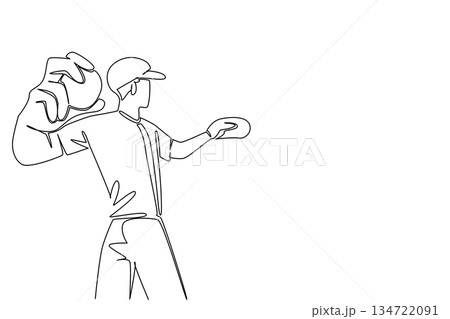 Single line draw of a man batter launching a power swing at a softball, sports concept for team spirit. Long swing at a rising ball. World Softball Day leagues, tournaments, coaches, and global fans. 134722091