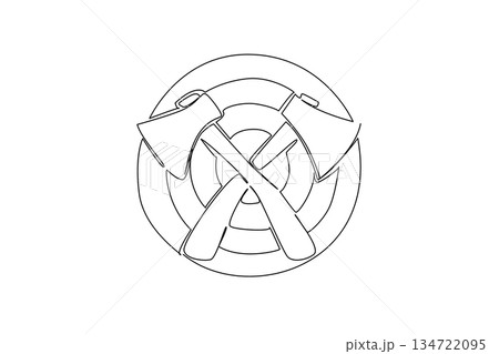 Continuous line draw of crossed axes layered on a round wooden target emblem with ring, sports concept for international event, International Axe Throwing Day. Symbol of lumberjack team or competition Continuous line draw of crossed axes layered on a round wooden target emblem with ring, sports concept for international event, International Axe Throwing Day. Symbol of lumberjack team or competition 134722095