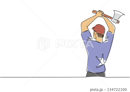 Continuous line drawing of man from behind, in mid motion, lift ax overhead ready throwing an axe with full force, symbolizing the dynamic action and power. International Axe Throwing Day event 134722100