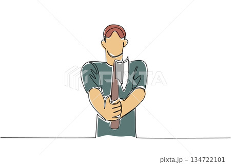 Continuous line drawing of man with red cap holds an axe vertically in both hands, standing confidently, symbolizing strength, technique, and readiness for International Axe Throwing Day challenges. 134722101