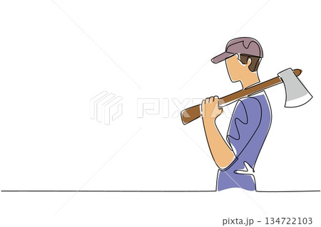 Continuous line drawing of man in a cap, carrying wooden handled silver axe over his shoulder. Showing readiness, ruggedness, and outdoor spirit of axe throwing. International Axe Throwing Day event Continuous line drawing of man in a cap, carrying wooden handled silver axe over his shoulder. Showing readiness, ruggedness, and outdoor spirit of axe throwing. International Axe Throwing Day event 134722103