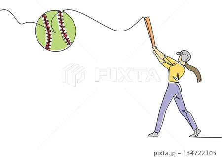 Single line drawing of a female softball batter in a helmet, hitting a softball with powerful form, showcasing the athleticism and determination in the sport. World Softball Day festival and event 134722105