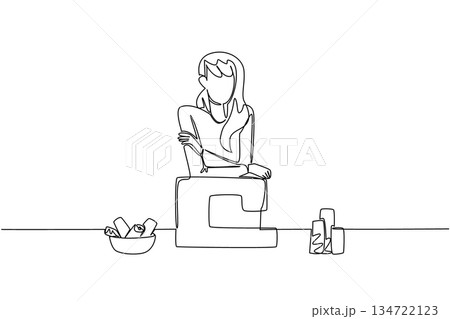 Honor National Sewing Machine Day with an industry concept cover in continuous line drawing, showing a woman seamstress seated by a machine and fabrics, celebrating skills and career pathways. 134722123