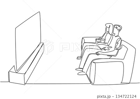 Celebrate National Movie Night in single line draw, showing a man and woman couple on a two seater sofa sharing popcorn facing a large TV screen from side view. Cozy home viewing and togetherness. Celebrate National Movie Night in single line draw, showing a man and woman couple on a two seater sofa sharing popcorn facing a large TV screen from side view. Cozy home viewing and togetherness. 134722124