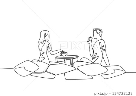 Celebrate National Movie Night with an industry concept in single line drawing, portraying a man and woman relaxing on floor with snacks and cushions, evoking date vibes for the international event. Celebrate National Movie Night with an industry concept in single line drawing, portraying a man and woman relaxing on floor with snacks and cushions, evoking date vibes for the international event. 134722125
