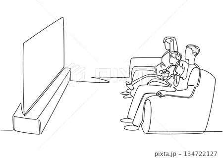 Continuous line drawing of a family of four with popcorn watching a flat screen TV on a soundbar from a side view, emphasizing a home entertainment and leisure theme. Celebrate National Movie Night. 134722127