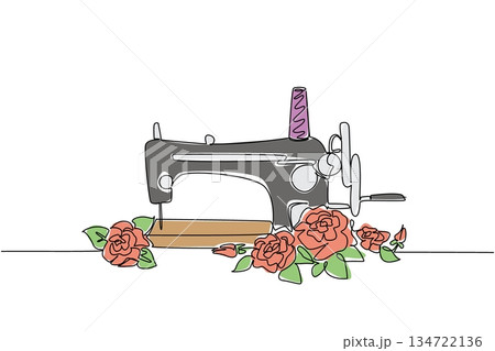 One line drawing of sewing machine adorned with rose flowers and leaves, symbolizing the beauty, artistry, and passion associated with the craft of sewing. Hobby concept of National Sewing Machine Day 134722136
