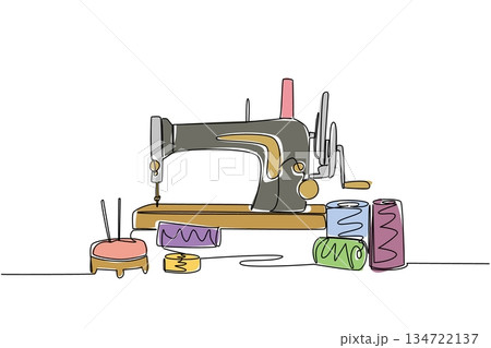 Continuous line drawing of vintage sewing machine surrounded by spools of colorful thread and a pincushion, symbolizing the craft of sewing and its historical tools. National Sewing Machine Day event 134722137