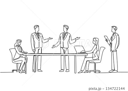 Single line draw of a business meeting with three men standing and speaking, two women seated at a table, and one man standing with a tablet, representing discussion and teamwork. Boardroom Leadership 134722144