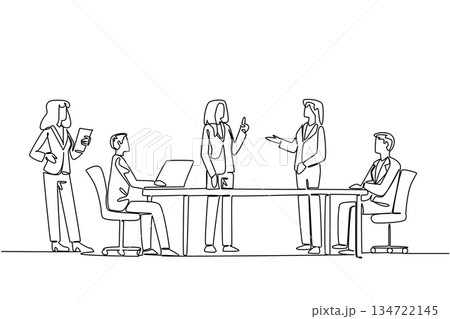 Description Continuous line drawing of people in a business meeting, a business concept related to an international event International Community Association Managers Day. 134722145