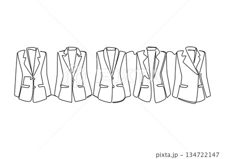 Single line drawing of row five women blazers or business jackets, representing professional attire and corporate fashion for women. 134722147