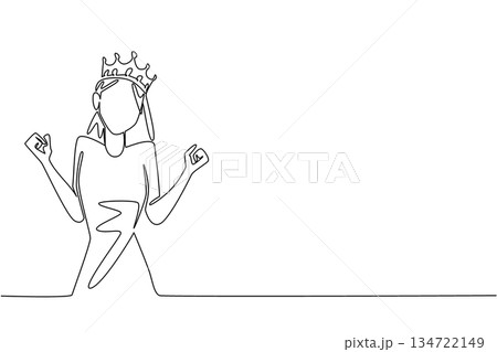 Single line drawing of a woman wearing a crown and raising her fists in a triumphant or strong pose, symbolizing strength and victory. Support International Albinism Awareness Day event. 134722149