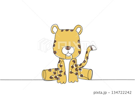 Single line drawing wildlife concept of baby cheetah with brown spots and long tail curled, sitting. Great for safari, big cat, or animal education content. Unique spotted fur and gentle young nature. 134722242