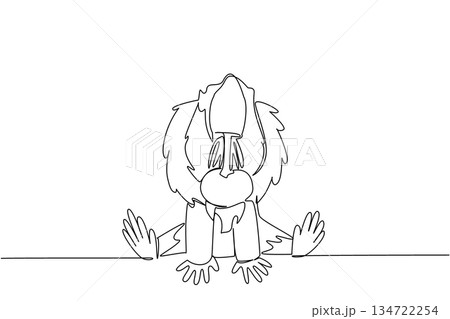 Single line draw of cute baby mandrill sitting with fluffy mane and gentle hands, a wildlife concept for cute wild animals cartoon sitting, ideal for nursery posters, stickers, and playful kids brand 134722254