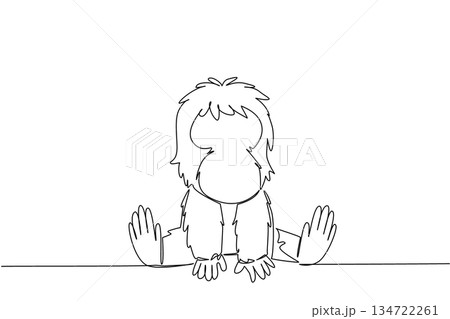 Single line draw of cute baby orangutan sitting with shaggy hair and gentle hands, a wildlife concept for cute wild animals cartoon sitting, ideal for nursery posters, stickers, and playful kids brand Single line draw of cute baby orangutan sitting with shaggy hair and gentle hands, a wildlife concept for cute wild animals cartoon sitting, ideal for nursery posters, stickers, and playful kids brand 134722261