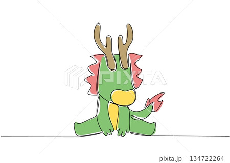Continuous line drawing, fantasy animal of sitting baby dragon with antlers and yellow snout. Ideal for mythical, magical, children stories, or playful art. Emphasizes friendly and imaginative design. 134722264