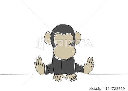 Single line drawing nature animal concept. Seated baby chimpanzee with gentle hands, big ear shows primate intelligence. Perfect for environmental campaign, jungle education or world wildlife events. 134722269