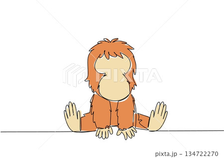 Continuous line draw animal nature concept. Seated orangutan baby with soft fur symbolizes care and survival. Great for environmental awareness, forest conservation and international wildlife festival 134722270