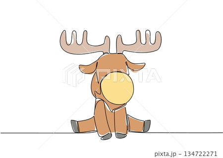 One line drawing animal nature concept. Seated baby moose with oversized antlers represents wilderness resilience. For forest biomes, animal preservation, and global nature education programs. 134722271