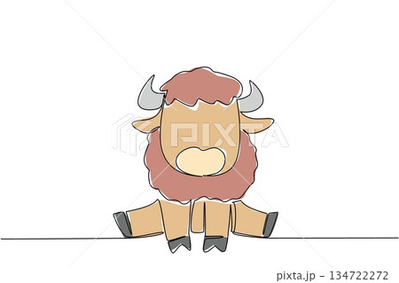 Single line drawing animal nature concept. Seated bison baby with a shaggy mane and big horns focuses on strength and heritage. For grassland protection, ranch education, and biodiversity awareness. 134722272