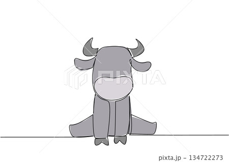 Single line drawing of an animal, a cute baby water buffalo sitting down, with curved horns and a serene expression, symbolizing strength, tranquility, and the charm of farm or wild bovines. Single line drawing of an animal, a cute baby water buffalo sitting down, with curved horns and a serene expression, symbolizing strength, tranquility, and the charm of farm or wild bovines. 134722273