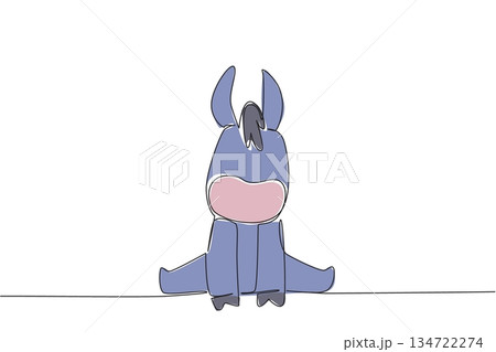Single line drawing of an animal, a cute baby donkey with big ears and a round soft nose sitting down. Friendly expression, symbolizing innocence, loyalty, farm charm and agriculture or country living Single line drawing of an animal, a cute baby donkey with big ears and a round soft nose sitting down. Friendly expression, symbolizing innocence, loyalty, farm charm and agriculture or country living 134722274