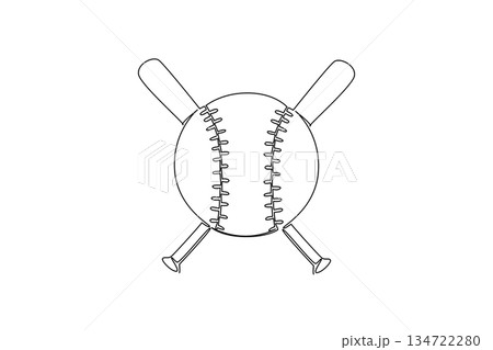 Continuous line drawing of a softball with crossed bats emblem, sports concept for league branding, for World Softball Day celebrating tournaments, clubs, fans, and community participation worldwide 134722280