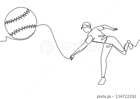 One line drawing of a man pitcher striding to throw deliver a softball, sports concept for athletic performance, for World Softball Day highlighting teams, tournaments, coaches, and global participate 134722282