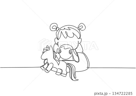 One line drawing of a girl holding a button battery near a toy, concept for child safety, National Button Battery Awareness Day to remind parents about supervision, storage, and secure compartments. 134722285