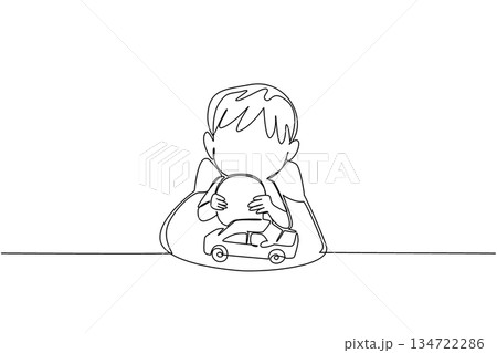 Single line drawing of a boy holding a button battery by a toy car, health concept for child safety, National Button Battery Awareness Day, urging screw locked compartments and active supervision. Single line drawing of a boy holding a button battery by a toy car, health concept for child safety, National Button Battery Awareness Day, urging screw locked compartments and active supervision. 134722286