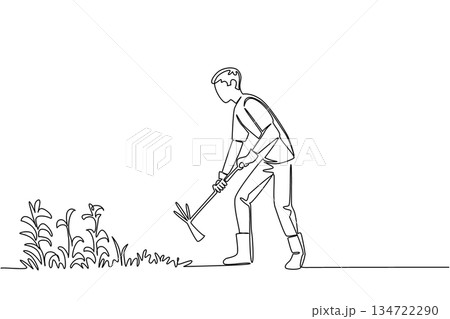 One line drawing of a man hoeing weeds from a garden bed, nature concept for lawn and landscape care, themed for National Weed Your Garden Day highlighting routine outdoor maintenance and tidy yards. 134722290