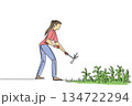 Single line drawing of young woman in pink shirt, jeans gloves and boots using a hoe weeding patch of grass. Personal action, health, and gardening care for National Weed Your Garden Day. 134722294