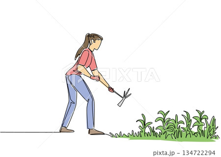 Single line drawing of young woman in pink shirt, jeans gloves and boots using a hoe weeding patch of grass. Personal action, health, and gardening care for National Weed Your Garden Day. Single line drawing of young woman in pink shirt, jeans gloves and boots using a hoe weeding patch of grass. Personal action, health, and gardening care for National Weed Your Garden Day. 134722294