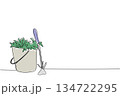 Continuous line drawing of bucket filled with weeds or plants, next to a small garden hoe and trowel. The gardening tools and results of garden weeding. National Weed Your Garden Day event. 134722295