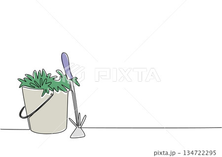 Continuous line drawing of bucket filled with weeds or plants, next to a small garden hoe and trowel. The gardening tools and results of garden weeding. National Weed Your Garden Day event. 134722295