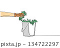 Single line drawing of gloved hand actively putting pulled weeds into bucket. Showing the manual labor and organized disposal involved in garden weeding. National Weed Your Garden Day event 134722297