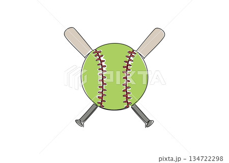 Continuous line drawing of a softball with prominent red stitches and two center crossed bats behind it. Showing the core equipment of unity, team spirit, and energy of the sport. World Softball Day 134722298