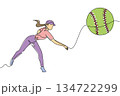 Single line drawing of a female softball pitcher in action, releasing high speed softball. Showing dynamic motion and focus in pitching. World Softball Day 134722299
