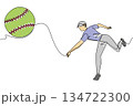 Continuous line drawing of a male in blue pitches green softball pitcher in action, releasing a softball in high speed. Symbolizing the athletic form and energy of the pitch. World Softball Day event 134722300