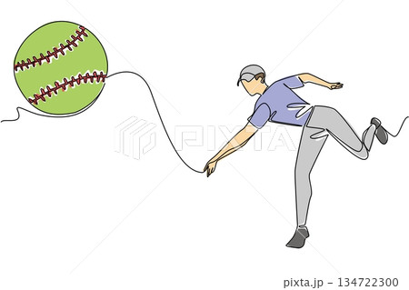 Continuous line drawing of a male in blue pitches green softball pitcher in action, releasing a softball in high speed. Symbolizing the athletic form and energy of the pitch. World Softball Day event 134722300