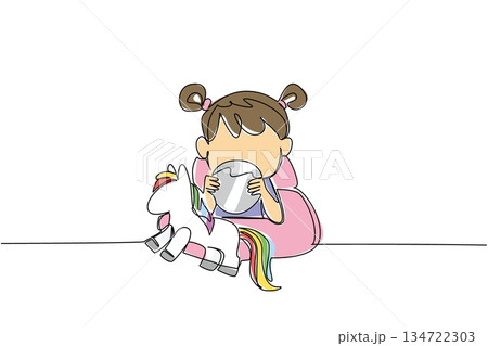 Continuous line drawing of a young girl sitting with a unicorn toy, holding a big button battery near her face, highlighting the danger of ingestion. National Button Battery Awareness Day event 134722303