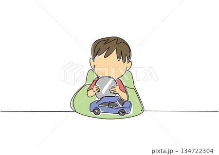 Single line drawing of young boy sitting with toy car, holding big round button battery near his face. show risk of children accessing small, dangerous object. National Button Battery Awareness Day 134722304