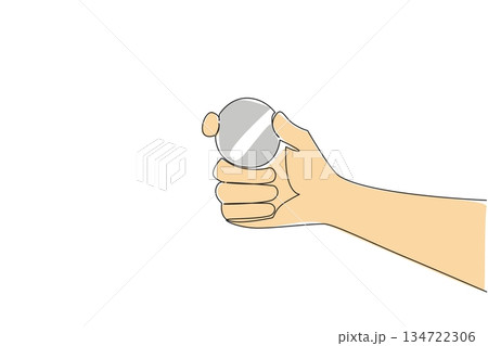Single line drawing of clenched hand tightly gripping single round silver button battery, symbolizing need to secure and keep these dangerous items out of reach. National Button Battery Awareness Day Single line drawing of clenched hand tightly gripping single round silver button battery, symbolizing need to secure and keep these dangerous items out of reach. National Button Battery Awareness Day 134722306