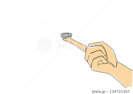 Continuous line drawing of hand holding small round button battery balanced on the tip of index finger, symbolizing the small size and easy access of hazard. National Button Battery Awareness Day 134722307